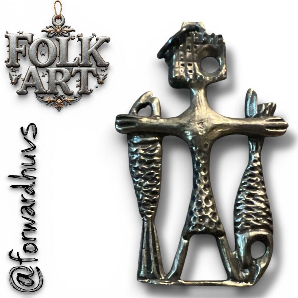 Vintage Folk Art Pendant – Stylized Human with Dual Fish